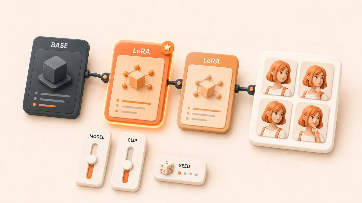 Easton editorial illustration: central rounded pseudo-node chain from BASE through two LoRA modules to four matching character portrait tiles