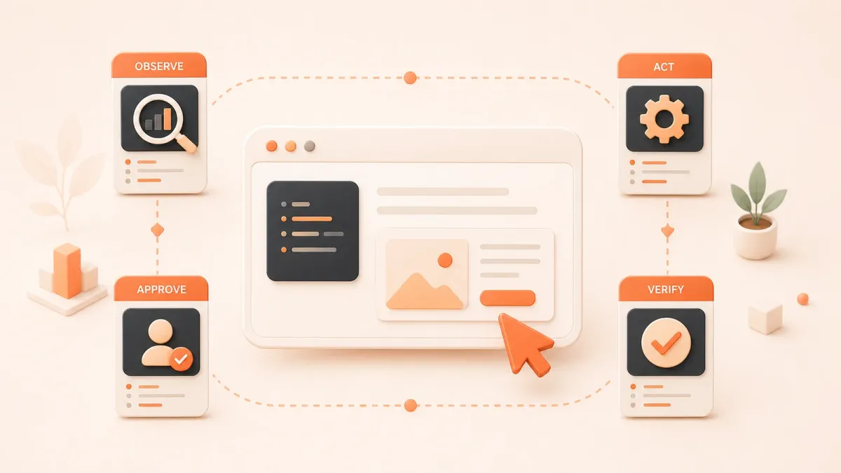 Easton editorial illustration: one browser window controlled by a central agent pointer