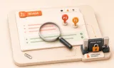 Easton editorial illustration: pull-request diff sheet under a precise review loupe with two severity pins