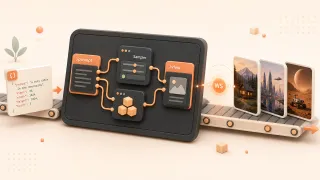 Easton editorial illustration: large dark node-graph workspace with orange connected nodes