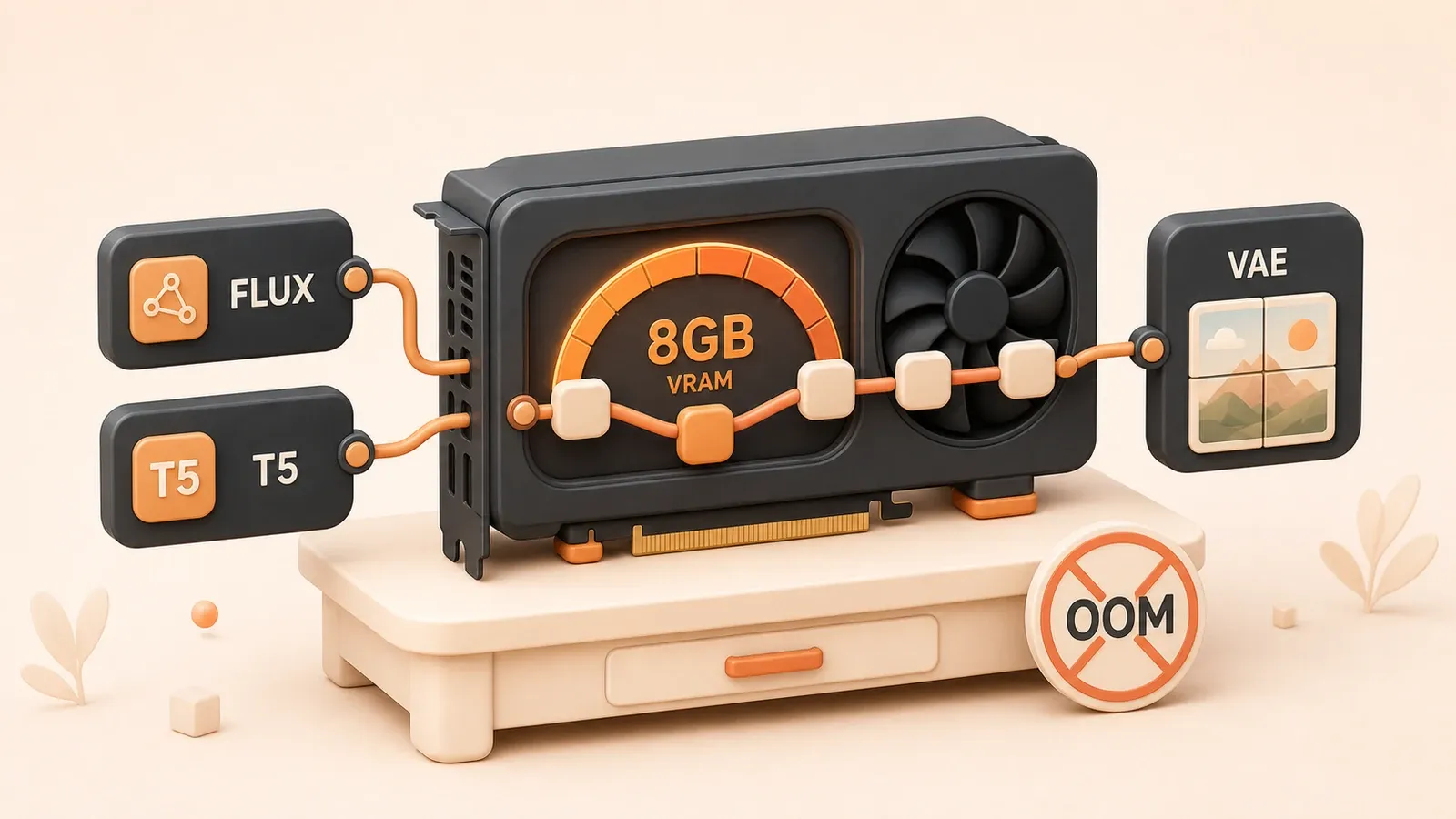 Easton editorial illustration: one compact charcoal graphics card with an orange 8GB VRAM gauge, one small ComfyUI-style node chain passing through the GPU memory window