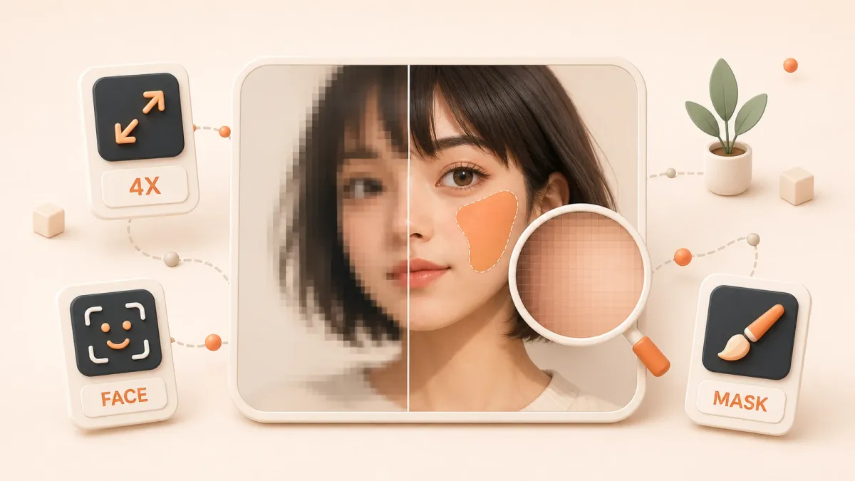Easton editorial illustration: large rounded image-editing canvas with a pixel-soft left region and a clean detailed right region, orange translucent inpaint mask over one small facial area, magnifier revealing restored pixels