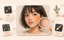 Easton editorial illustration: large rounded image-editing canvas with a pixel-soft left region and a clean detailed right region, orange translucent inpaint mask over one small facial area, magnifier revealing restored pixels