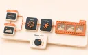 Easton editorial illustration: one large rounded charcoal node-canvas console, one orange video filmstrip emerging from the workflow