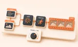 Easton editorial illustration: one large rounded charcoal node-canvas console, one orange video filmstrip emerging from the workflow