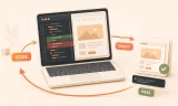 Easton editorial illustration: central laptop with split code diff and rendered browser viewport, stacked screenshot evidence card with a visible check mark