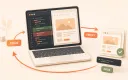 Easton editorial illustration: central laptop with split code diff and rendered browser viewport, stacked screenshot evidence card with a visible check mark
