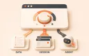 Easton editorial illustration: one oversized browser-window selector with a physical three-position dial, three compact destination objects: a structured data sheet, a stacked browser session with a recording dot, and an agent cursor orb