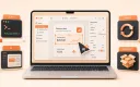 Easton editorial illustration: Mac-style laptop with one native desktop app window and familiar traffic-light window controls, AI cursor placing a SwiftUI-style interface component into the app window
