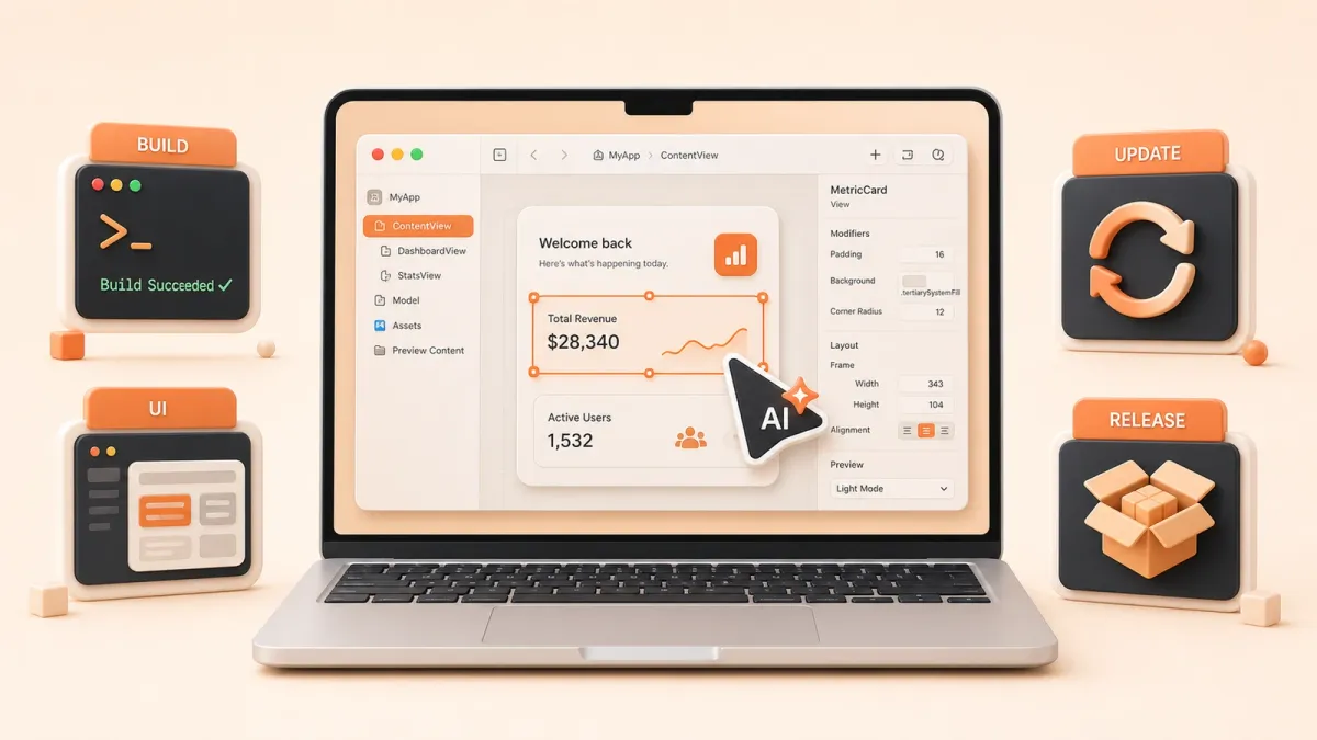 Easton editorial illustration: Mac-style laptop with one native desktop app window and familiar traffic-light window controls, AI cursor placing a SwiftUI-style interface component into the app window