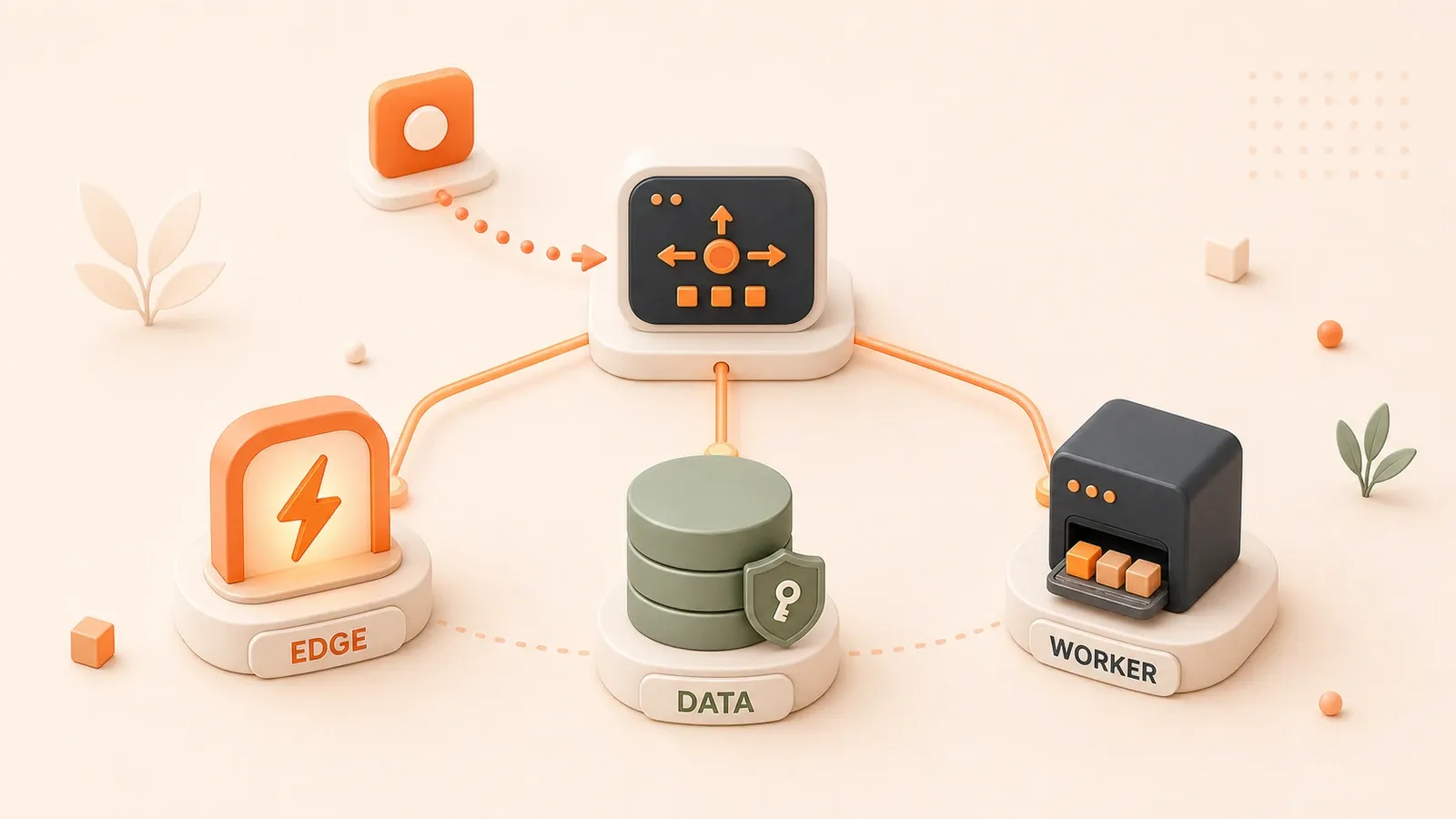 Easton editorial illustration: a central API routing hub with one inbound request token and three clearly differentiated outbound branches