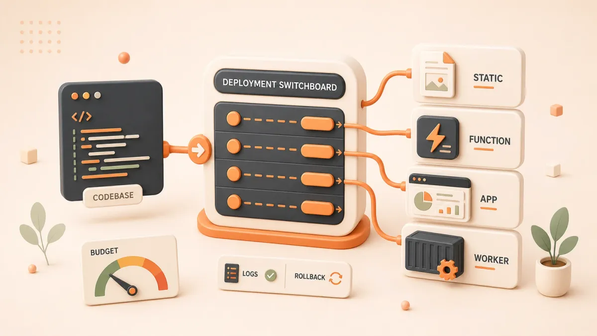 Easton editorial illustration: central rounded deployment switchboard with four clearly separated runtime lanes, four distinct endpoint modules: static page, lightning function, browser app window, container worker