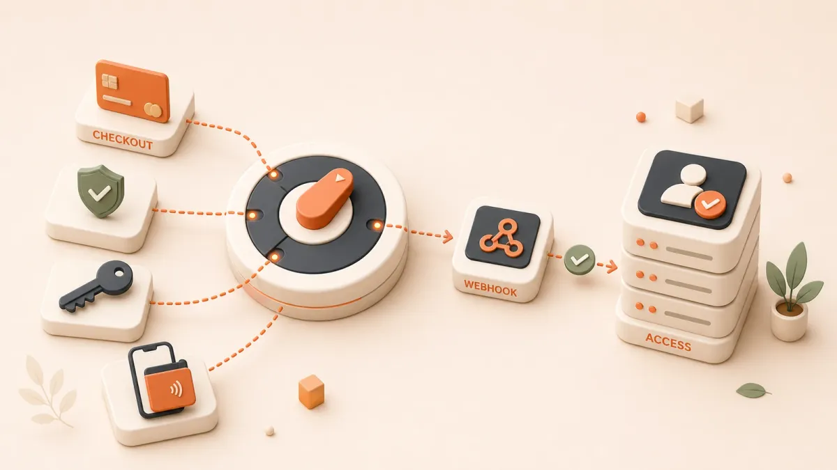 Easton editorial illustration: one dominant circular payment-routing switch with four selectable rails, one downstream stacked entitlement ledger/database receiving the verified flow