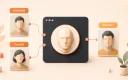 Easton editorial illustration: one gender-neutral faceted 3D avatar face token inside a dark rounded ComfyUI-style node canvas