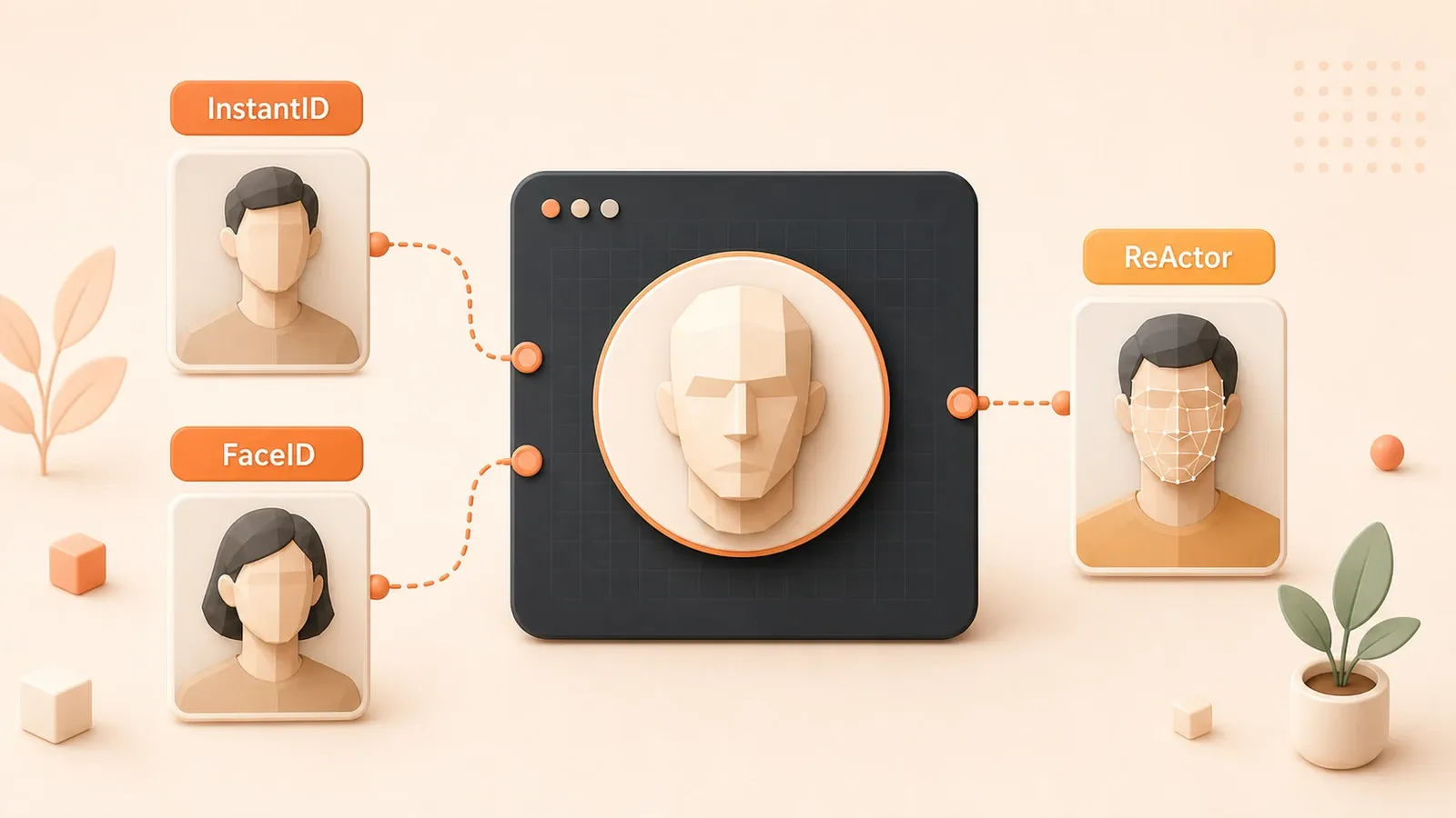 Easton editorial illustration: one gender-neutral faceted 3D avatar face token inside a dark rounded ComfyUI-style node canvas