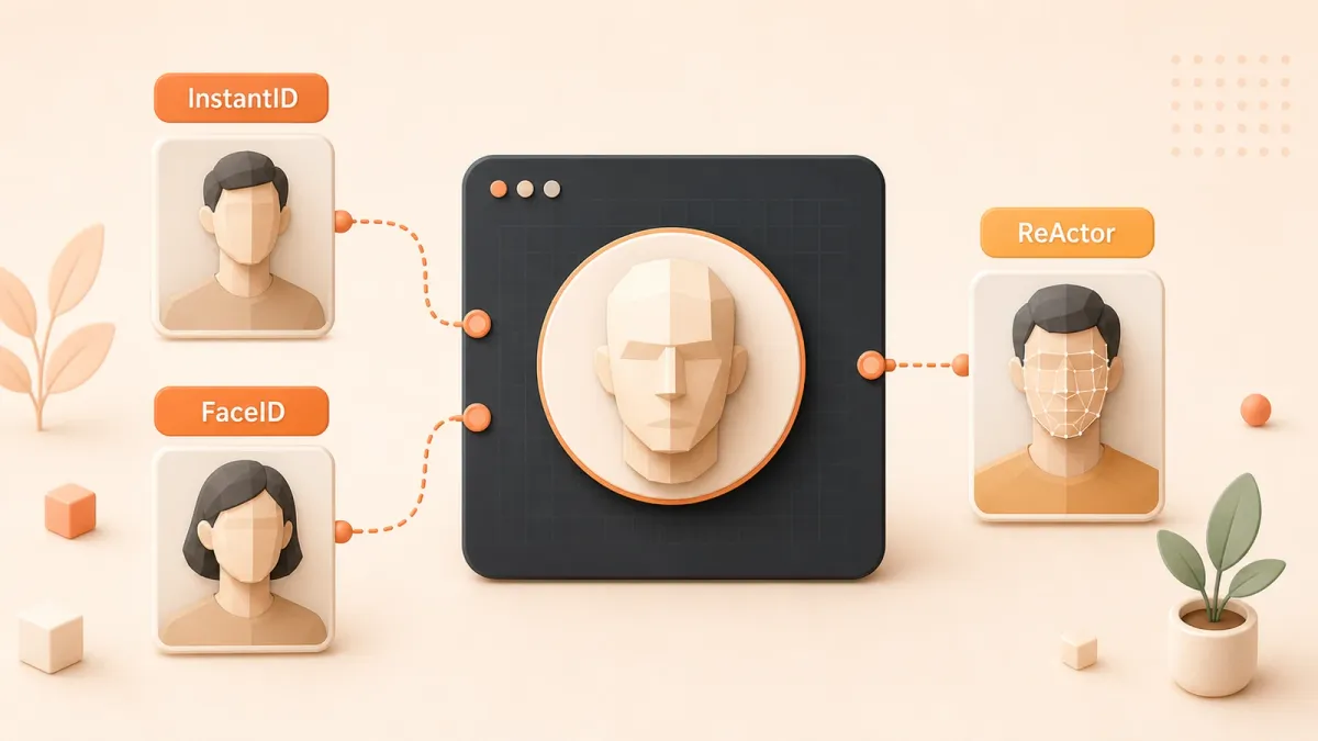 Easton editorial illustration: one gender-neutral faceted 3D avatar face token inside a dark rounded ComfyUI-style node canvas
