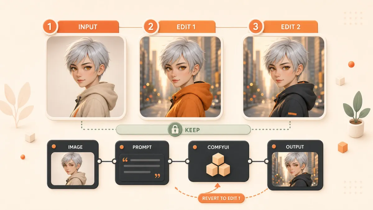 Easton editorial illustration: three connected portrait frames showing input, background edit, and clothing edit, a small identity-lock badge spanning all three frames