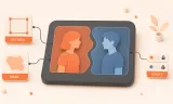 Easton editorial illustration: one large rounded ComfyUI-style node canvas with a coordinate grid, two simplified 2.5D character silhouettes isolated in red-left and blue-right regions