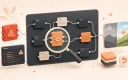 Easton editorial illustration: a large rounded workflow canvas with one red disconnected node, a compact terminal warning panel, and a restored connected node path