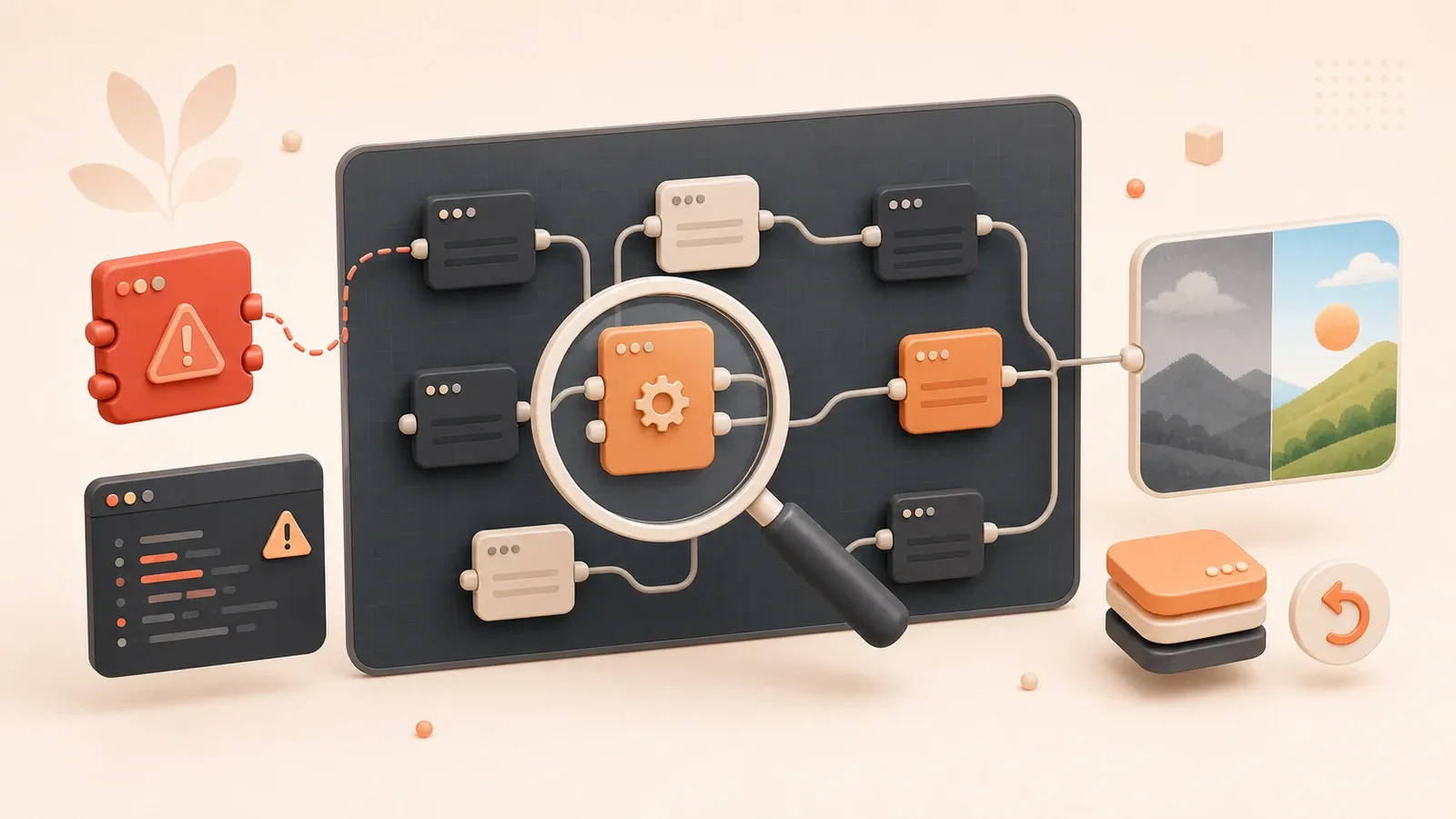Easton editorial illustration: a large rounded workflow canvas with one red disconnected node, a compact terminal warning panel, and a restored connected node path