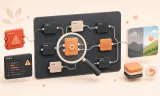 Easton editorial illustration: a large rounded workflow canvas with one red disconnected node, a compact terminal warning panel, and a restored connected node path