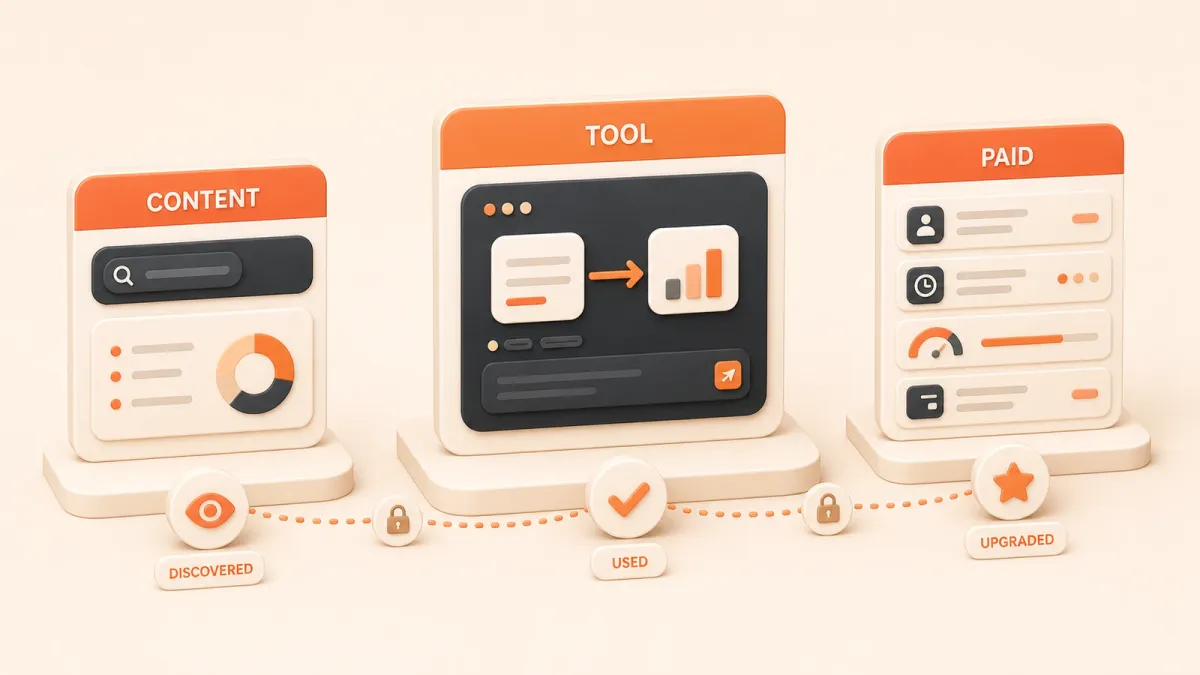Easton editorial illustration: left stage: a content page with search-result and chart cues, middle stage: a compact input-to-output tool workbench, right stage: a small paid-product dashboard with account, history and billing cues