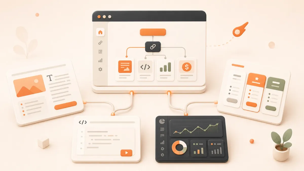 Easton editorial illustration: central browser workspace split into content, tool, dashboard, and pricing surfaces