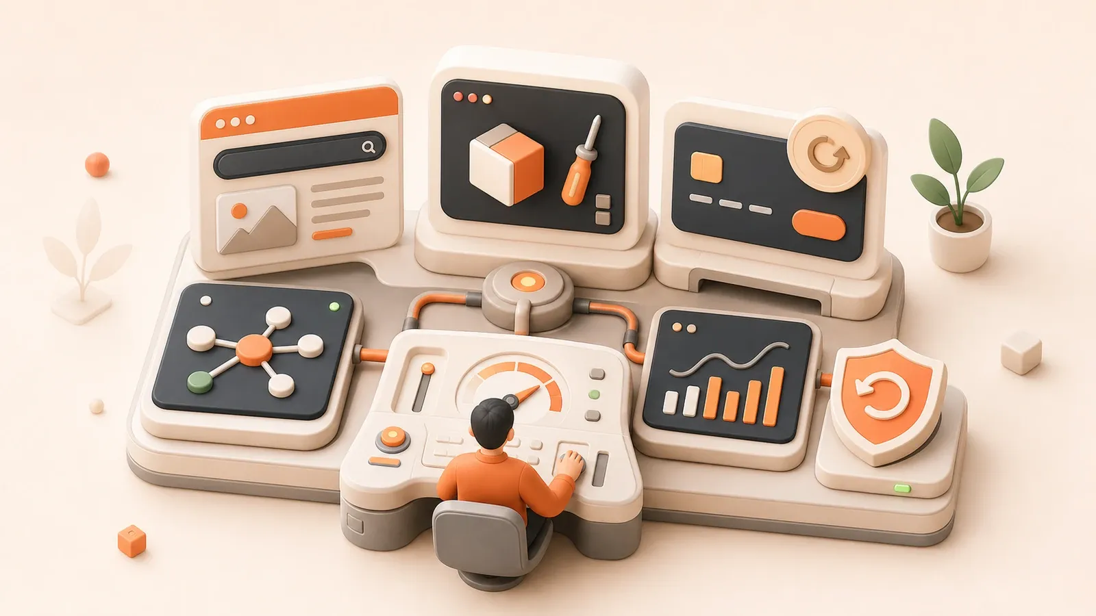 Easton editorial illustration: one central modular workbench with six visibly distinct interlocking system modules