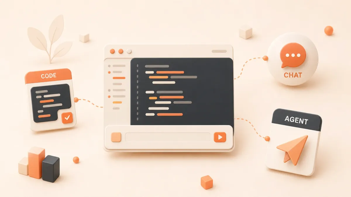 Easton editorial illustration: one central code workspace connected to three distinct AI coding modes