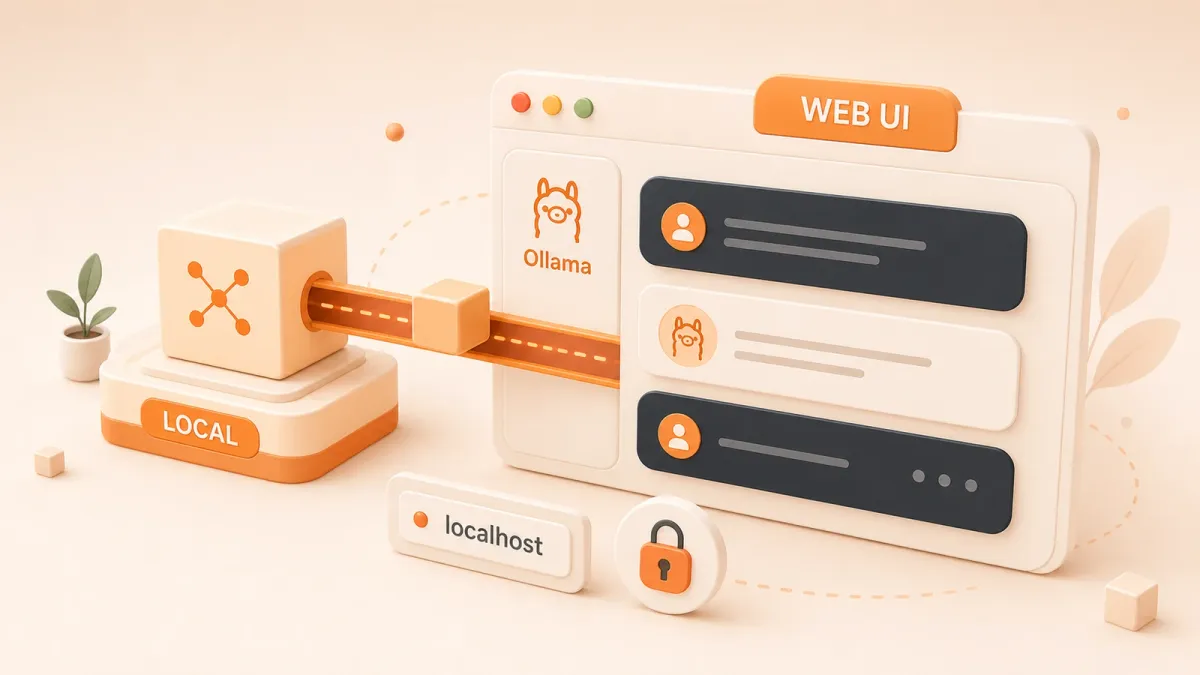 Easton editorial illustration: one local-model cube flowing into a large browser chat card