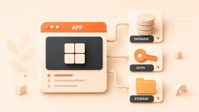 Easton editorial illustration: one application card connected to three backend modules