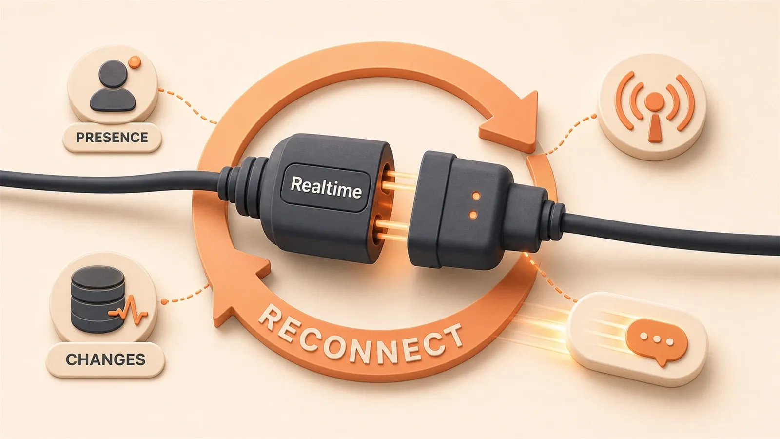 Easton editorial illustration: large WebSocket plug, reconnect loop