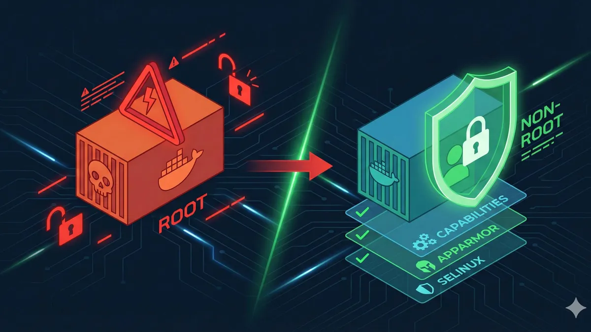 Docker container security configuration diagram: transitioning from root to non-root users