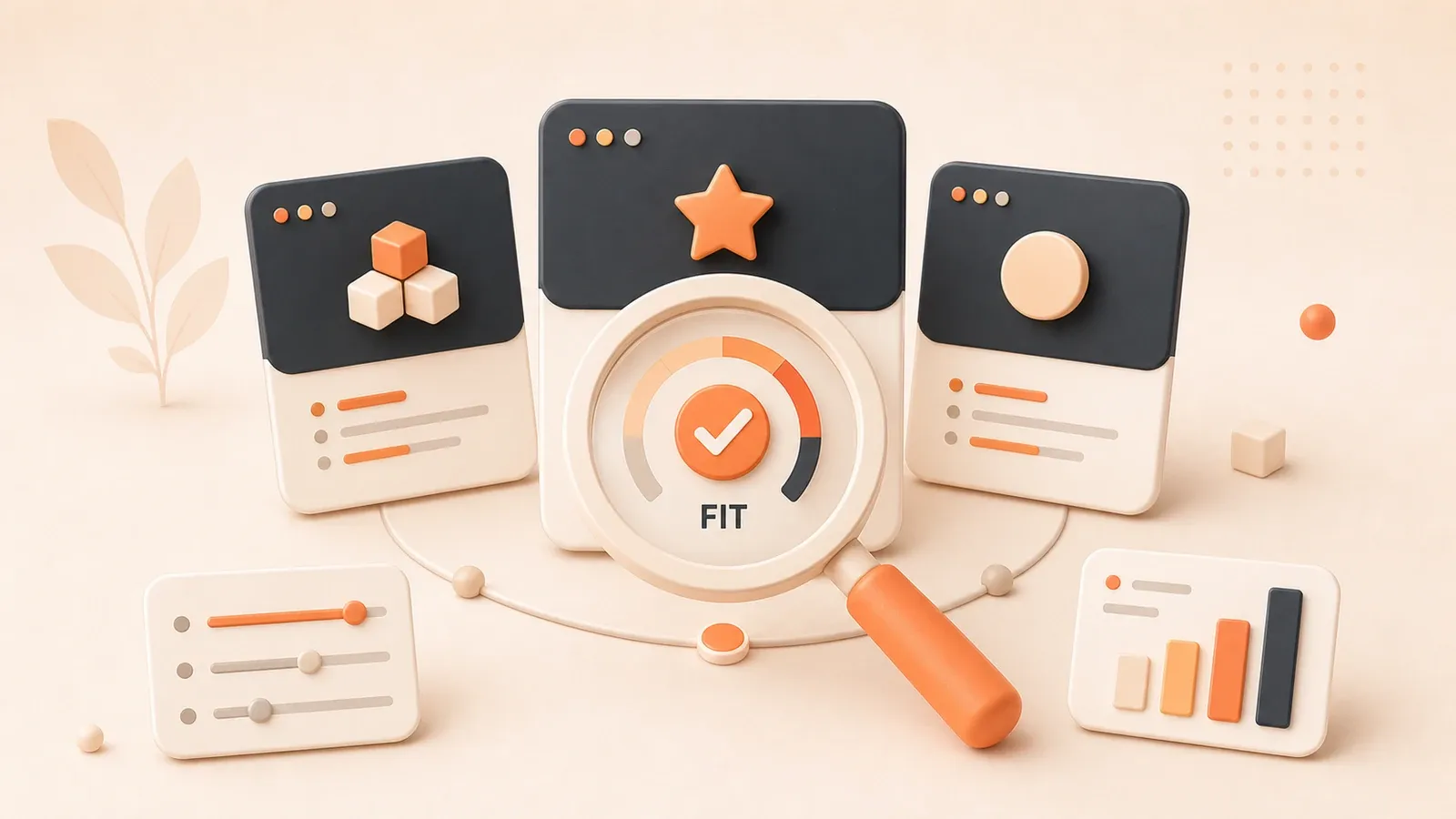 Easton editorial illustration: criteria lens and candidate cards