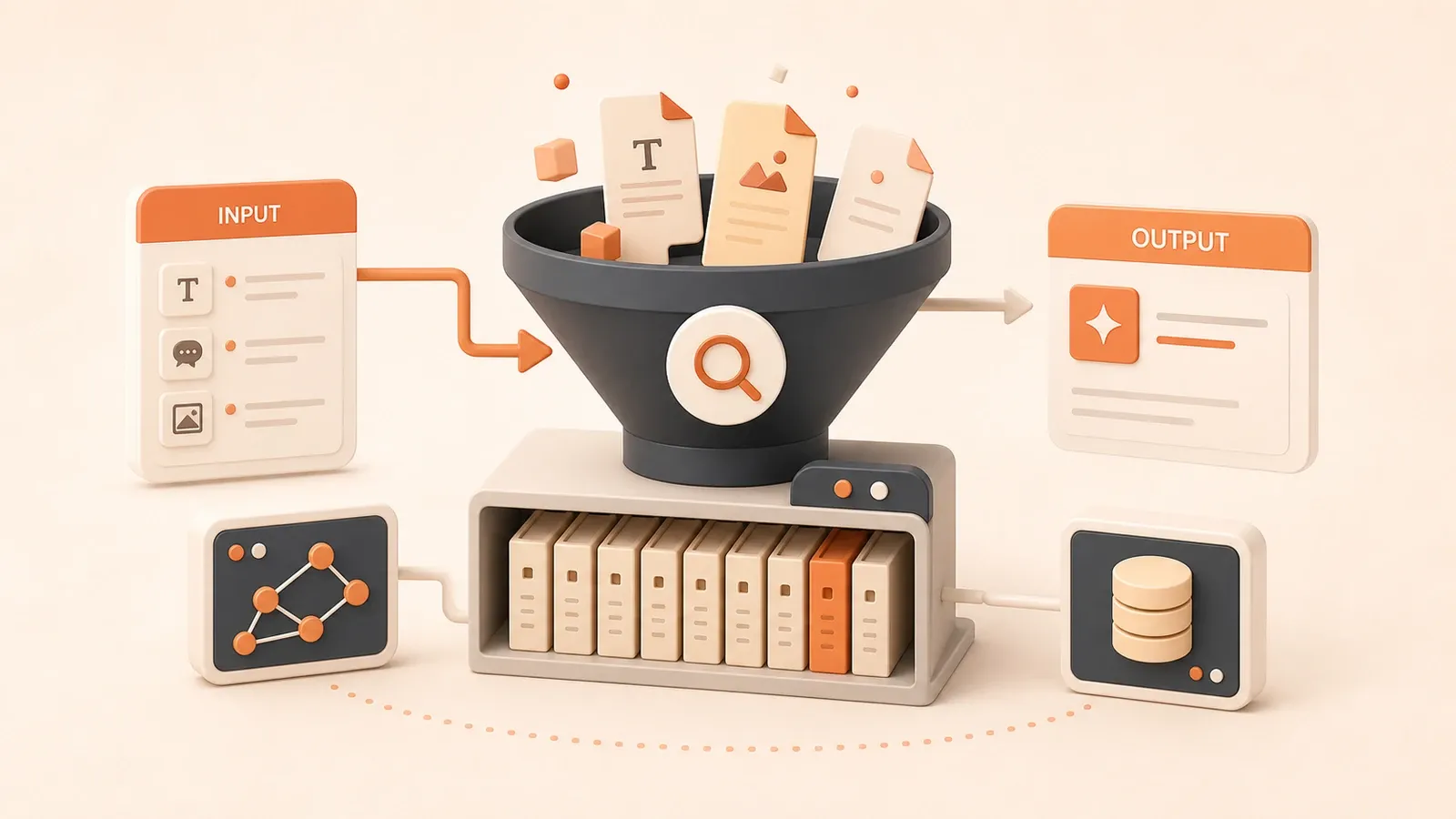 Easton editorial illustration: retrieval funnel and document shelf
