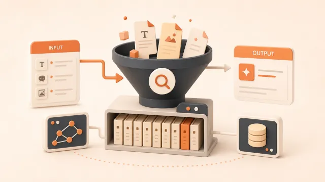 Easton editorial illustration: retrieval funnel and document shelf