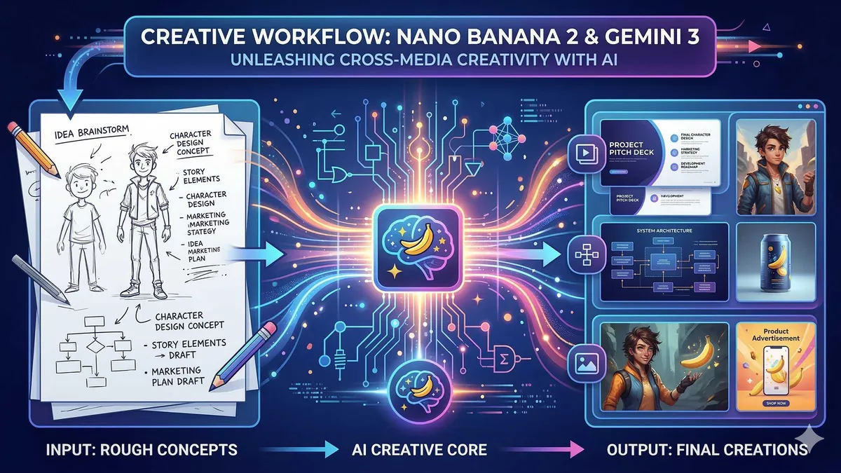 Nano Banana 2 と Gemini 3 によるクロスメディア創作ワークフローのイメージ図