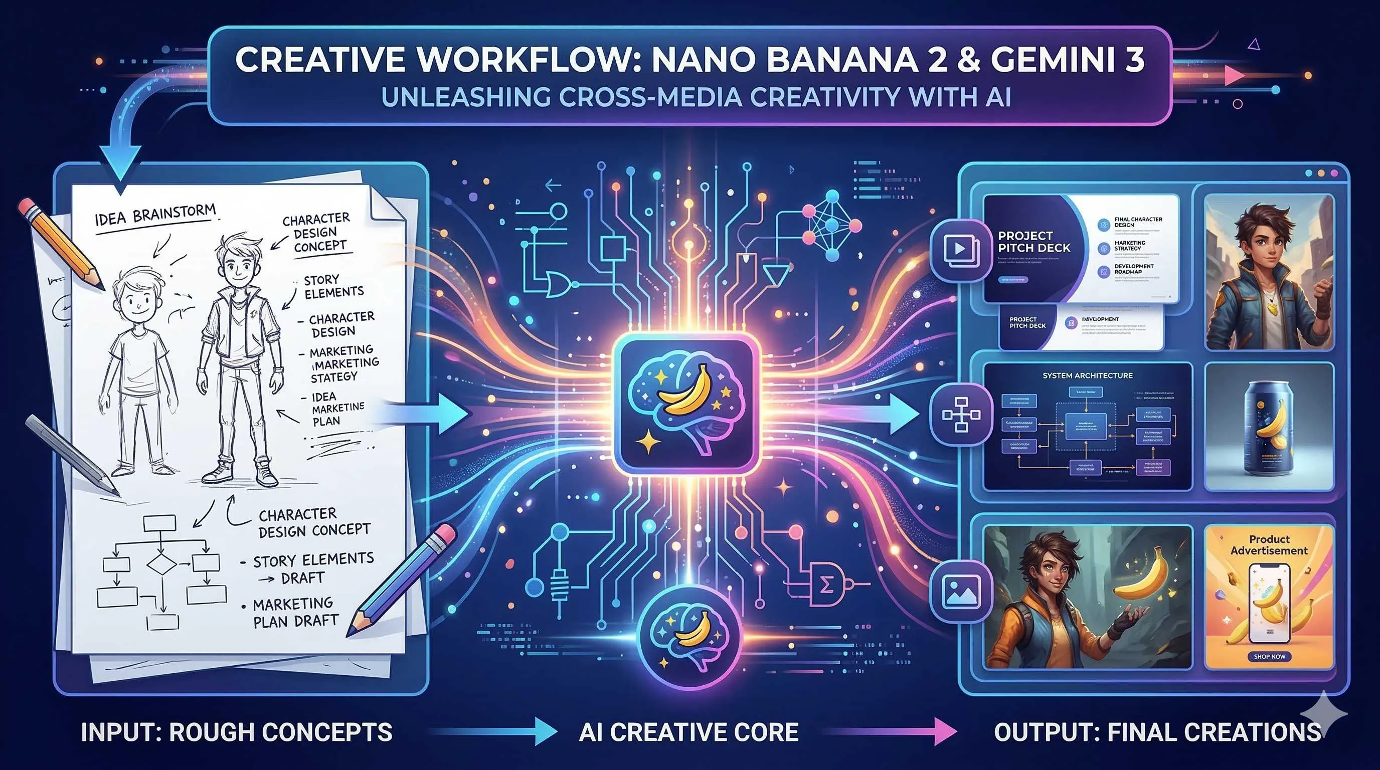 Nano Banana 2与Gemini 3跨媒介创作工作流示意图
