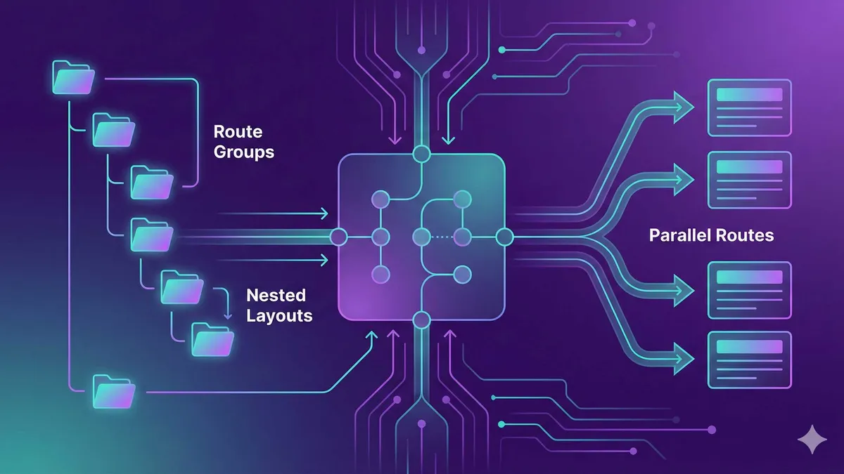 Next.js App Router ルートグループとネストされたレイアウトの実践的なイメージ図
