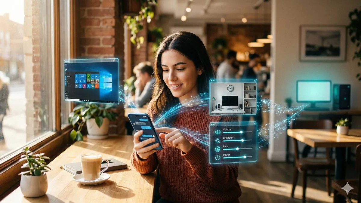 OpenClawのクロスデバイスリモート制御アーキテクチャ図。スマホからパソコンのAIエージェントを制御するシーンを示しています。