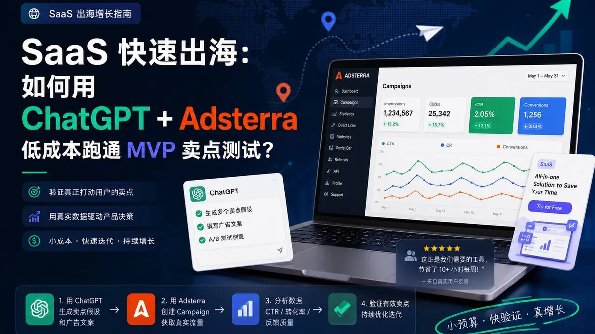 SaaS 出海增长指南：用 ChatGPT 生成卖点假设和广告文案,用 Adsterra 创建 Campaign 获取真实流量,分析 CTR、转化率和反馈质量,小预算快速验证 MVP 卖点