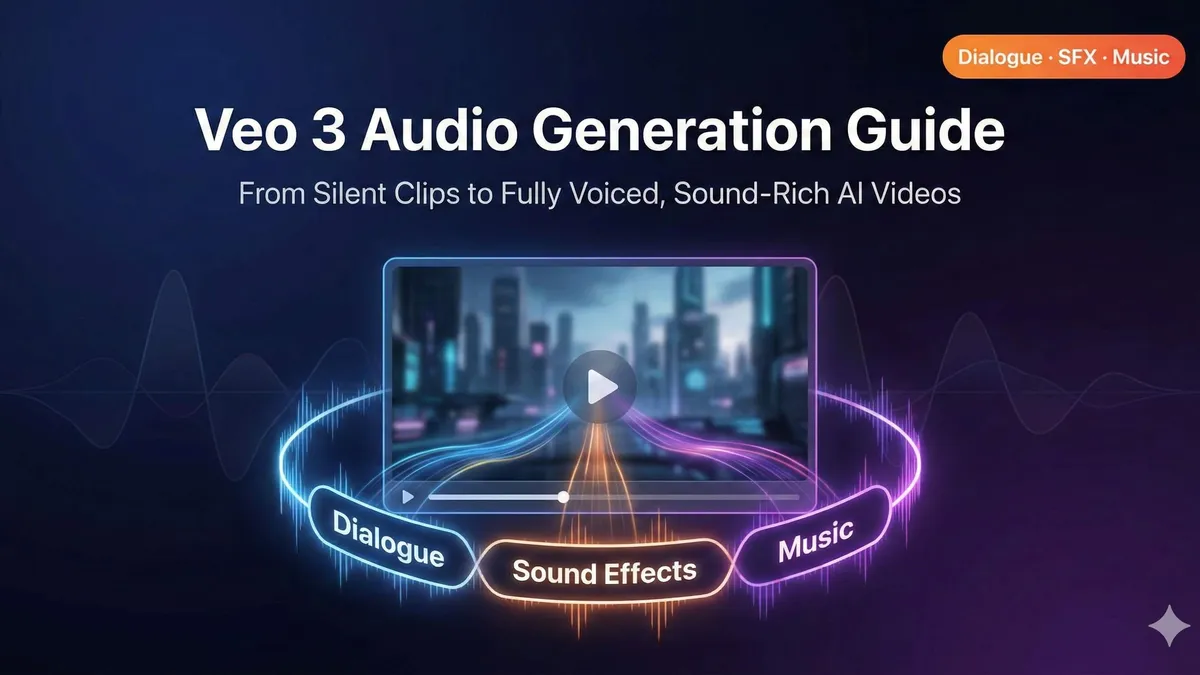 Schematische Darstellung der Veo-3-Audiogenerierung mit Dialog, Soundeffekten und Hintergrundmusik