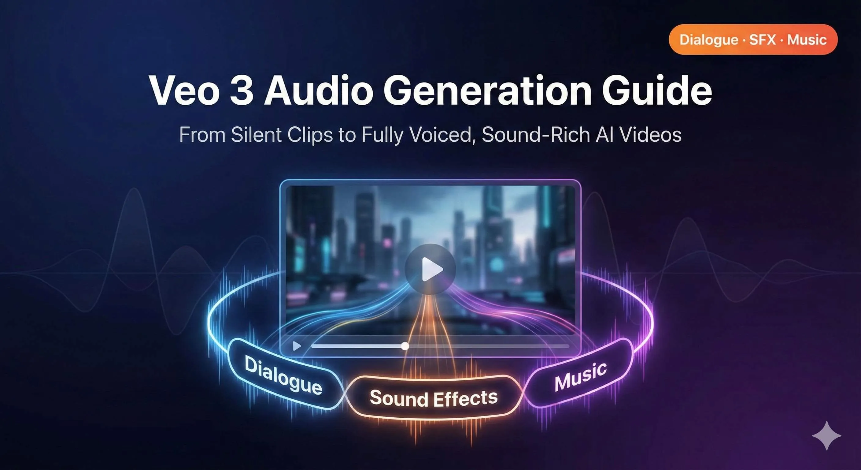 Illustration of Veo 3 audio generation process showing dialogue, sound effects, and background music creation