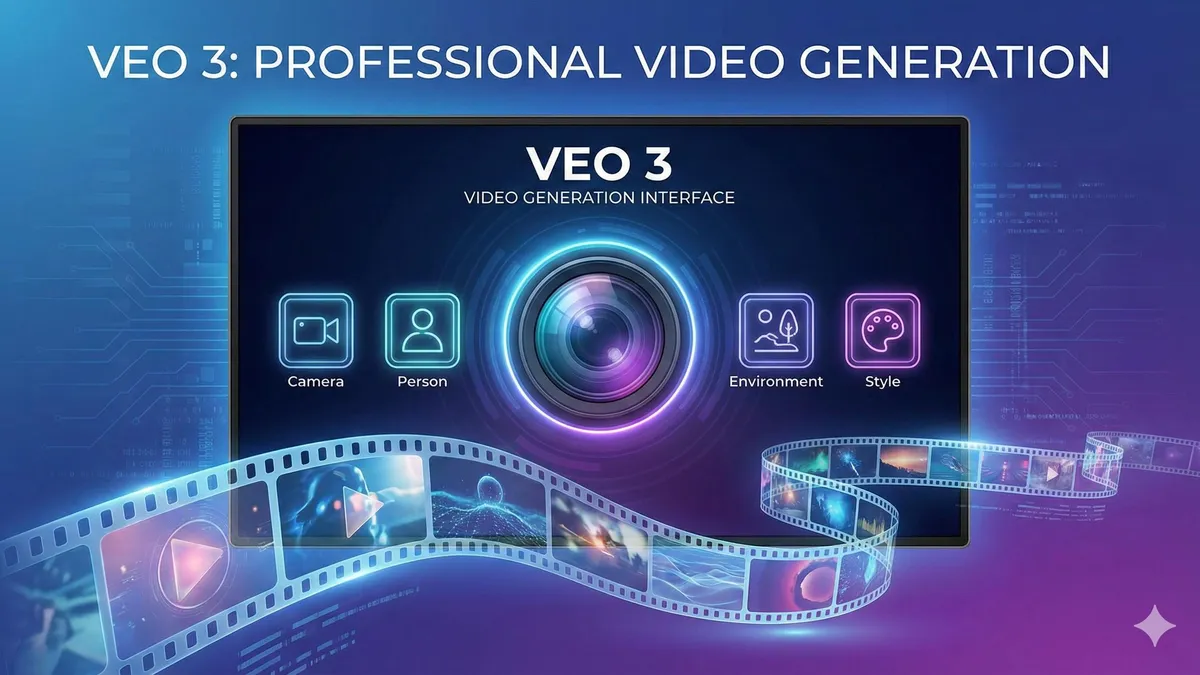 Illustration zum Veo-3-Prompt-Schreiben mit Kamera-Symbol, 5-Elemente-Icons und Filmstreifen