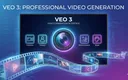Veo 3 AI video prompt writing guide illustration, featuring camera icons, 5-element icons, and film strip elements