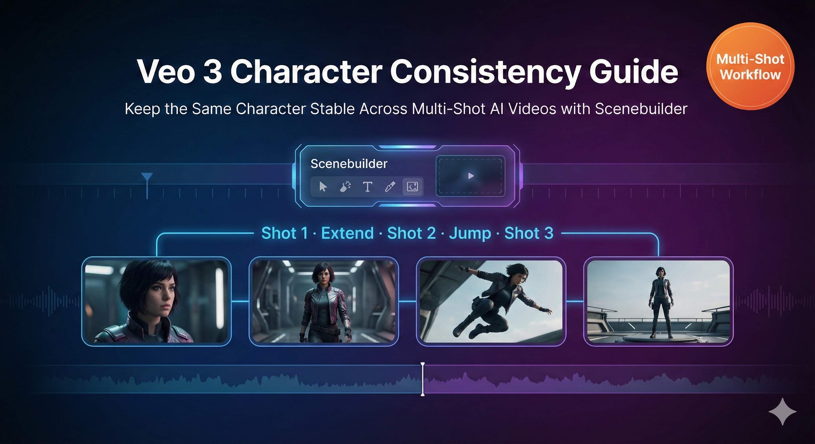 Illustration of Veo 3 Scenebuilder keeping the same character consistent across multiple video shots