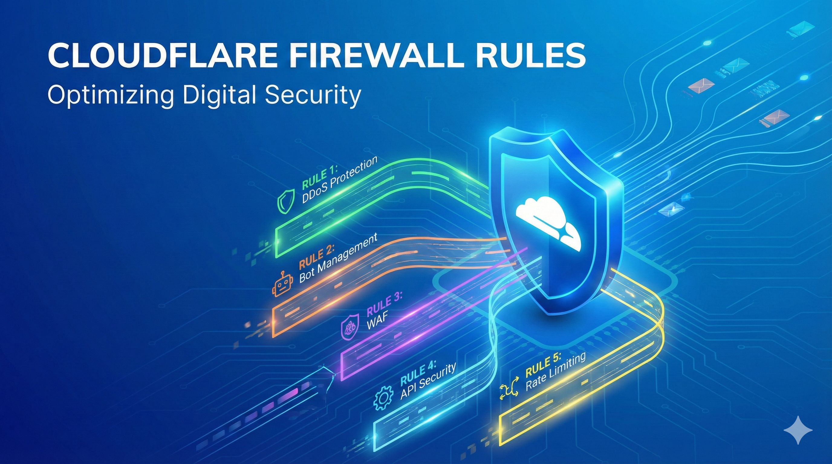 Cloudflare防火墙规则配置示意图,蓝色盾牌图标与网络流量可视化