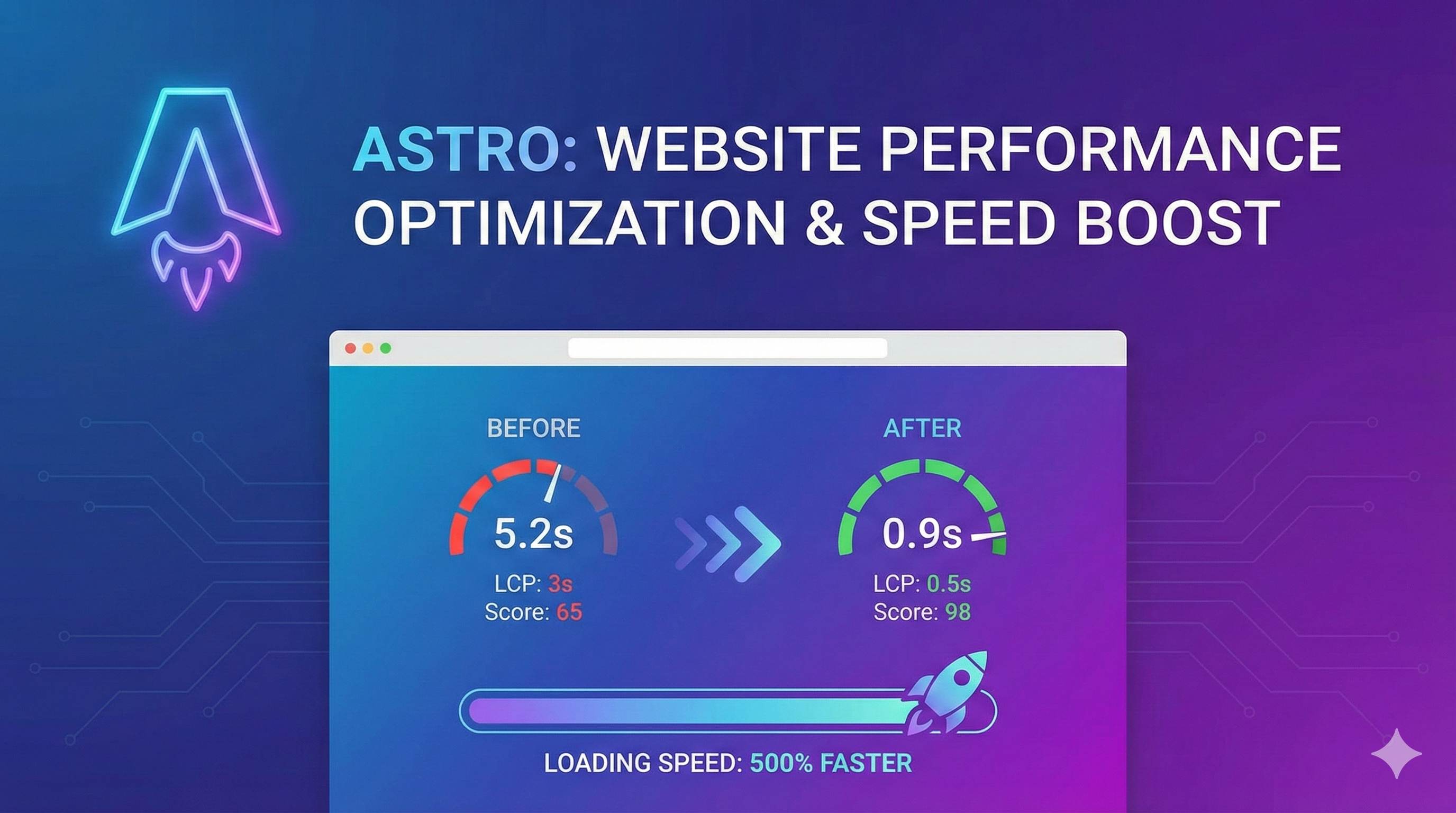 Astro图片优化性能提升对比图,展示加载速度从6秒优化到1.8秒,Lighthouse评分从62分提升到95分