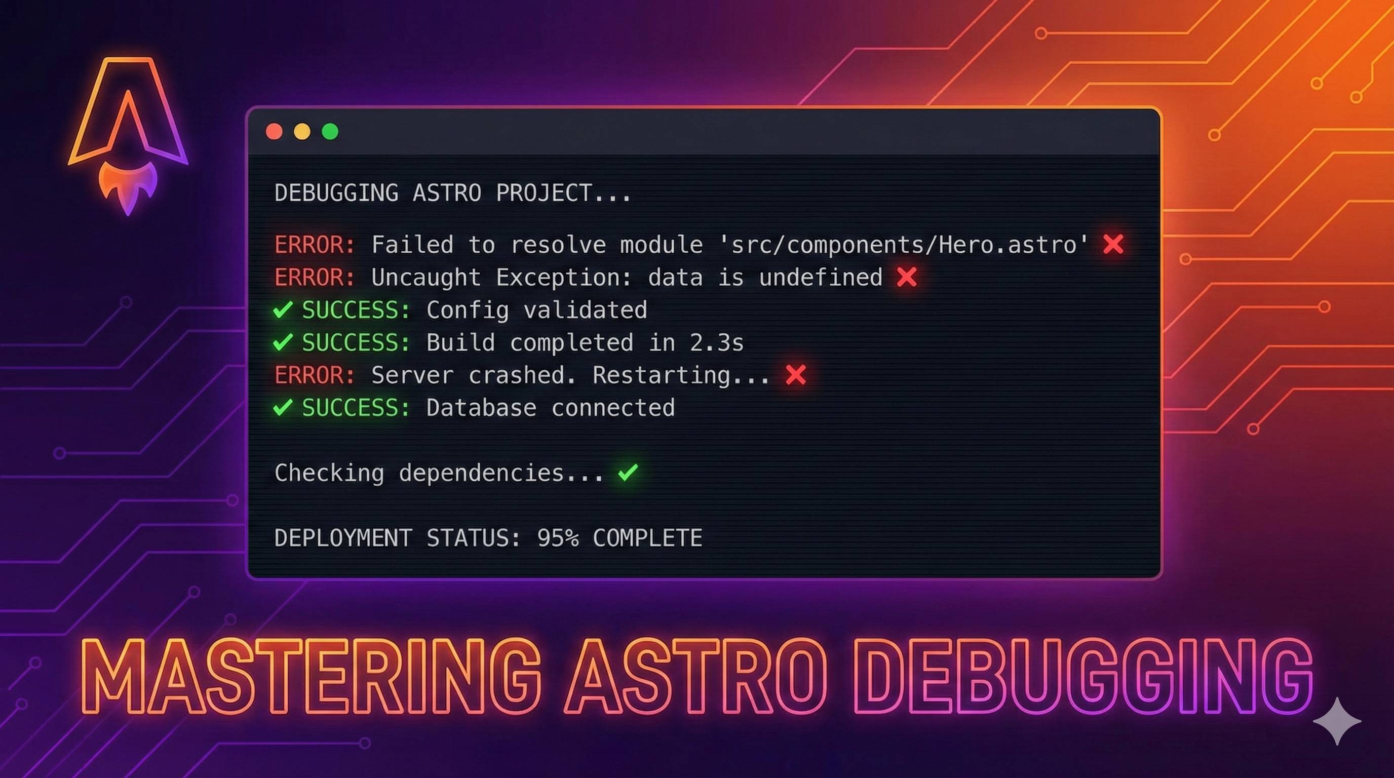 Terminal screen showing Astro build errors and solutions